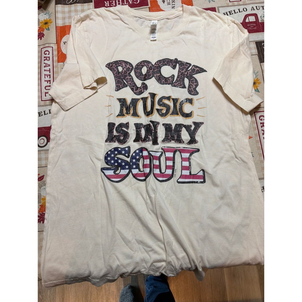 Bella Canvas Rock Music Is In My Soul Graphic Tee Cream Leopard American Flag L